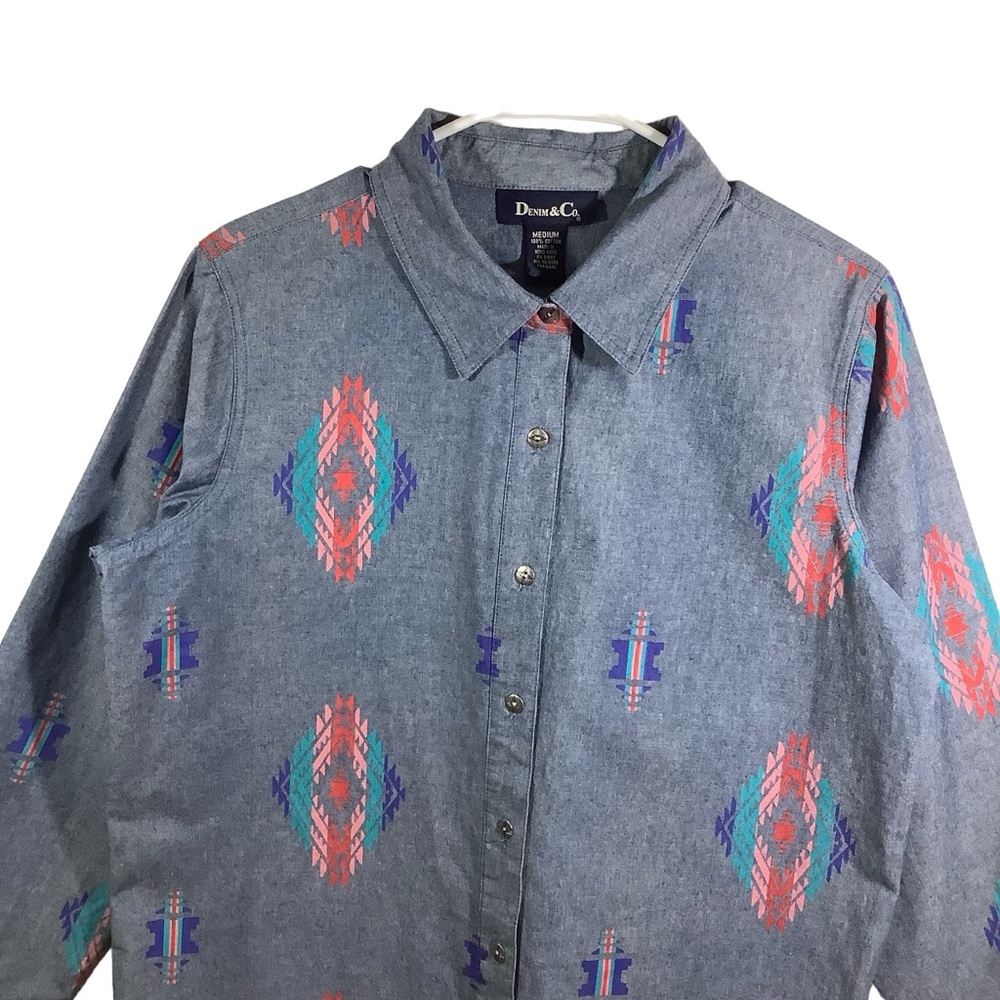 Denim & Co Button Down Chambray Shirts Western 100% Cotton - Picture 2 of 11